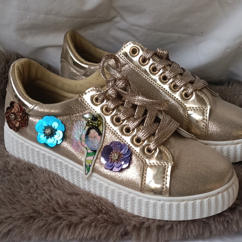 Nasty Gal Gold Floral Embellished Sneakers